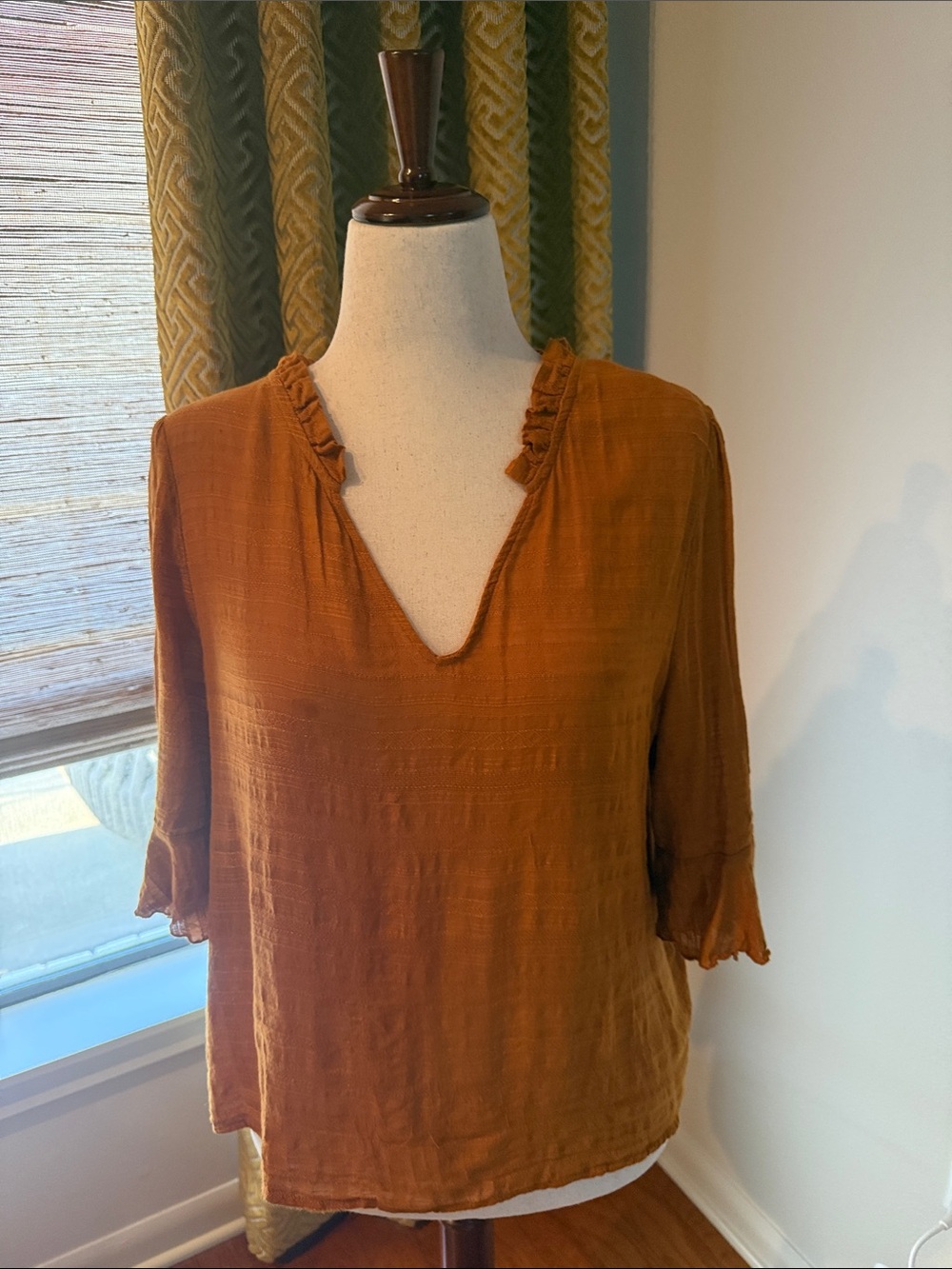 dolan Burnt Orange V-Neck Ruffle Trim Blouse